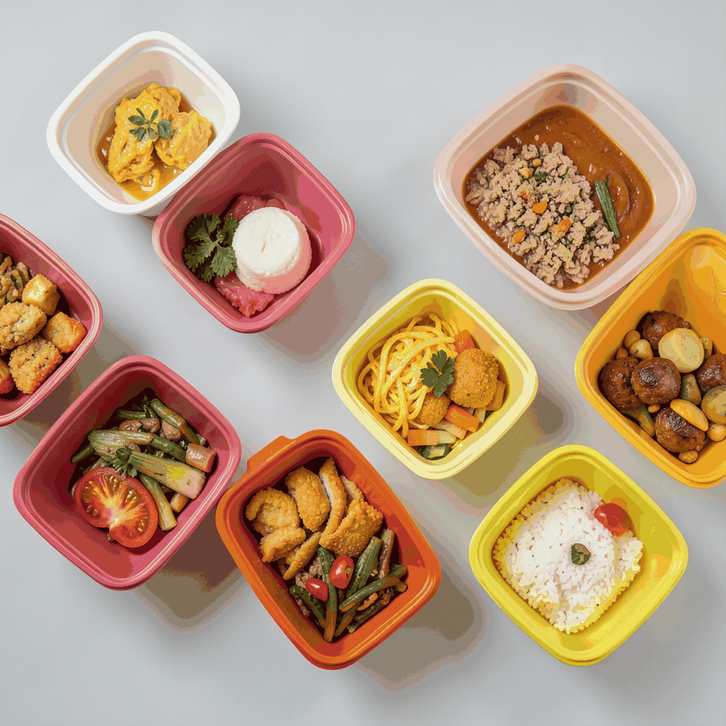 Stylized flat-lay of colorful takeout containers and food on a light gray surface, warm and modern food-delivery aesthetic