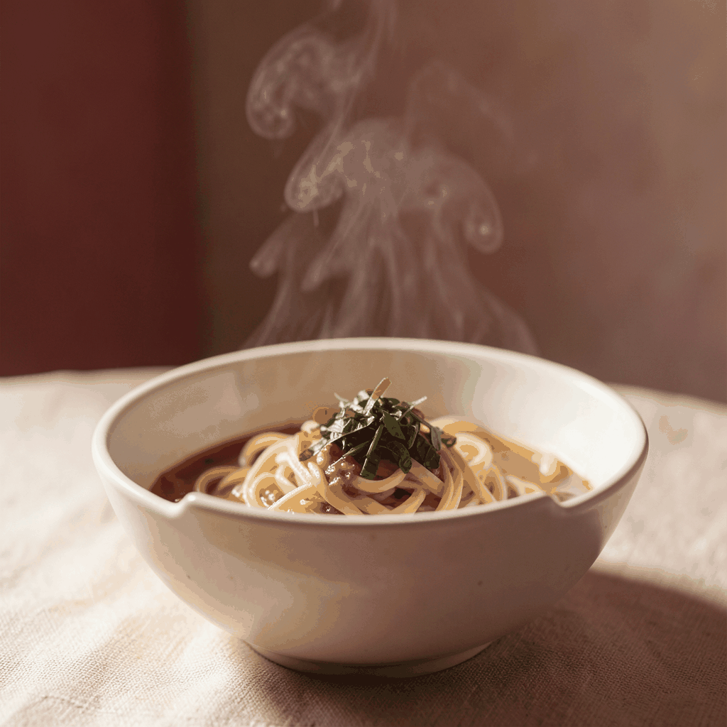 Bowl of noodles with garnish and steam rising, soft warm lighting in muted red and beige tones, cozy mood