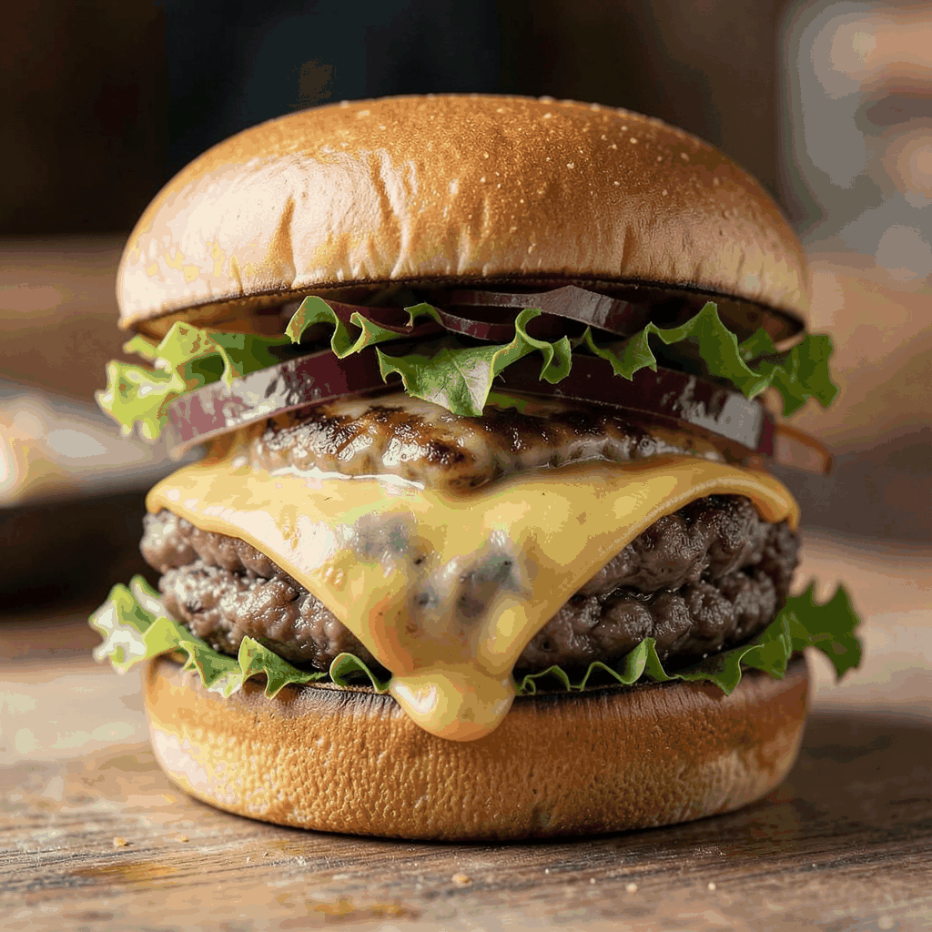 Close-up of a stacked burger with melted cheese and fresh toppings, rich brown and green colors, casual and appetizing