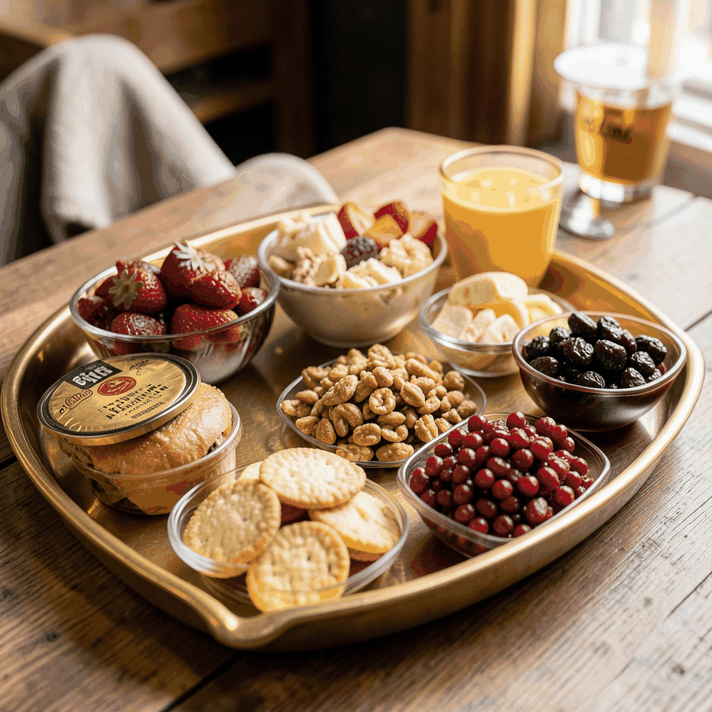 Assortment of shareable snack foods on a tray, golden and dark red colors, energetic casual mood
